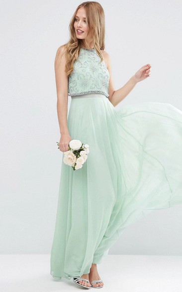 Ankle-Length Sleeveless Jewel Neck Beaded Chiffon Bridesmaid Dress With Pleats