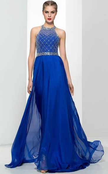 Halter Beading Sequins Backless Prom Dres