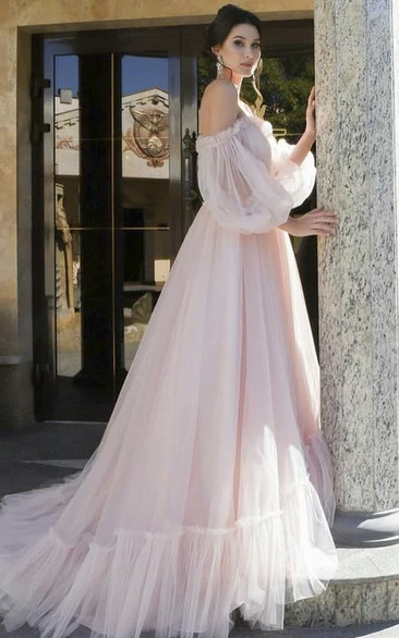 3/4 Poet Sleeves Charming Tulle Sweetheart Off-shoulder Wedding Dress