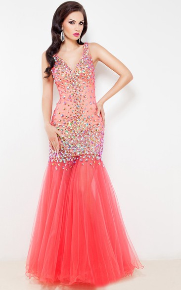 Mermaid Floor-Length Sweep V-Neck Sleeveless Tulle Beading Pleats Backless Dress