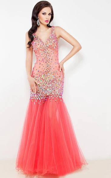 Mermaid Floor-Length Sweep V-Neck Sleeveless Tulle Beading Pleats Backless Dress