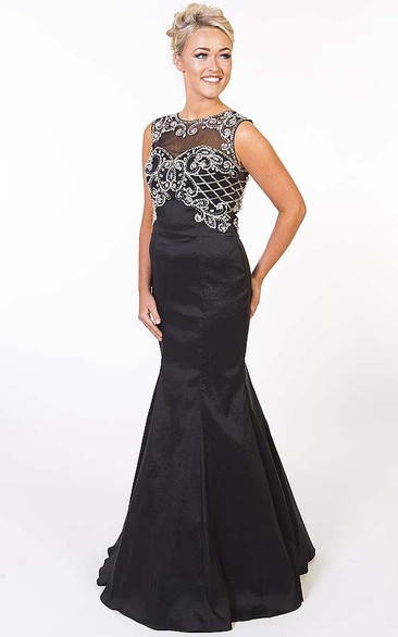 Trumpet Long Sleeveless Scoop Beaded Satin Prom Dress With Keyhole Back