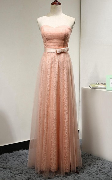 Sweetheart A-line Pleated Tulle Floor Length Dress With Lace and Bow