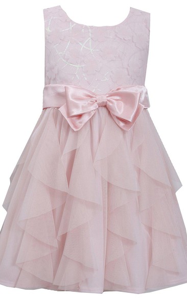 Sleeveless Ruffled Lace Bodice Dress With Bow