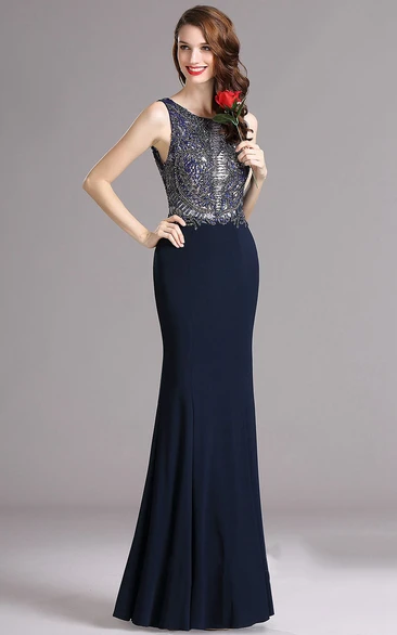 Mermaid Floor-Length Jewel Sleeveless Satin Beading Appliques Low-V Back Dress