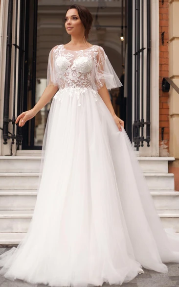 Elegant Bateau A Line Tulle and Lace Sweep Train Wedding Dress with Appliques