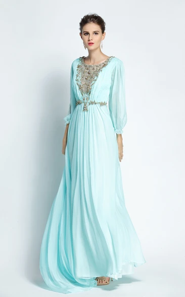 A-Line Floor-length Sweep Brush Train Bateau Chiffon Long Sleeve Prom Dress with Beading and Pleats