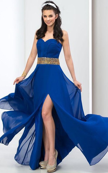 Sweetheart Beaded Front-Split Long Prom Dress