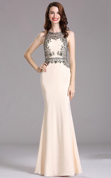 Sheath Bateau Sleeveless Jersey Beading Keyhole Dress