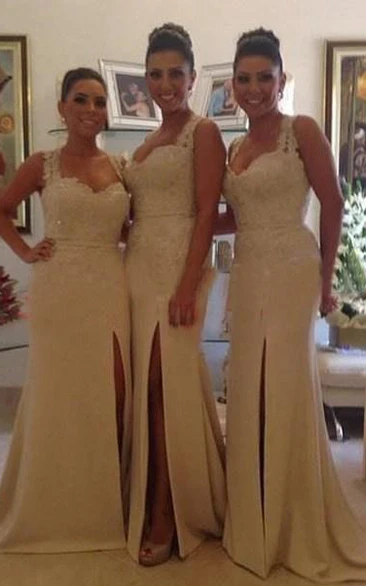 Gorgeous Sleeveless Lace Appliques Bridesmaid Dress Front Split Zipper Button Back