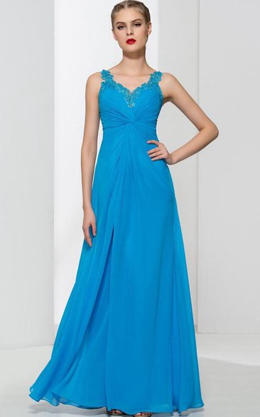 Straps Appliques Pleats Long Prom Dress