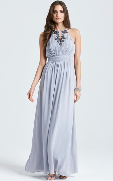 Sleeveless Long Chic Chifon Dress With Beadings