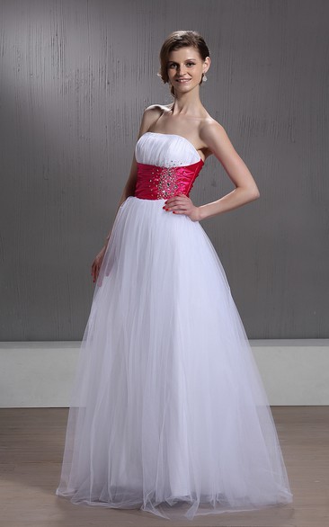 Strapless Ruched A-Line Gown With Beading and Tulle Overlay