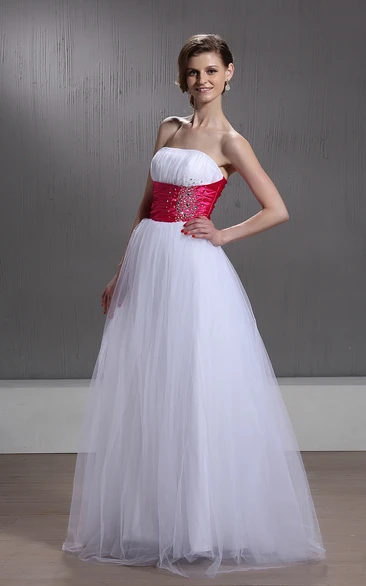 Strapless Ruched A-Line Gown With Beading and Tulle Overlay