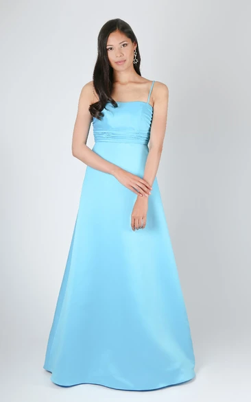 Satin Straps Long A-Line Dress With Ruched Waist