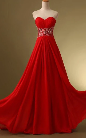 Sweetheart Beaded Ruches A-Line Lace-Up Floor-Length Prom Dress
