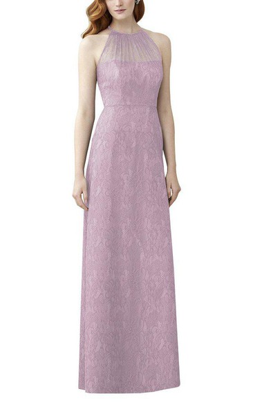 High-neck Illusion Lace Long Bridesmaid Dress