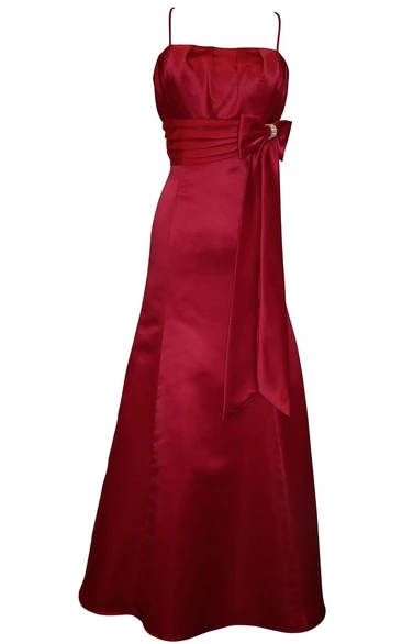 Spaghetti Straps Satin Long Dress With Satin Bow