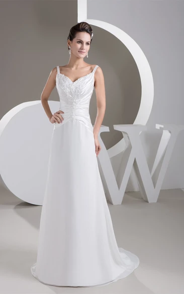 Plunged Sheath Appliqued Brush Train and Dress With Central Ruching