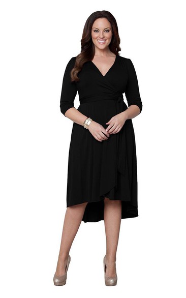 3-4 Sleeved V-neck A-line Dress With Pleats