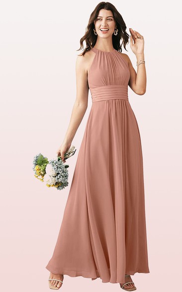 Elegant Halter A Line Sleeveless Ankle-length Chiffon Bridesmaid Dress With Ruching