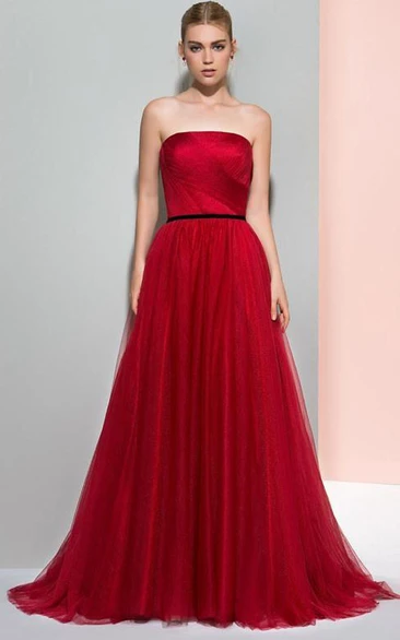 A-Line Strapless Pleats Pleats Court Train Evening Dress