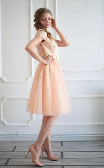 Bateau Cap Sleeve V Back A-line Tulle Short Dress With Lace Top