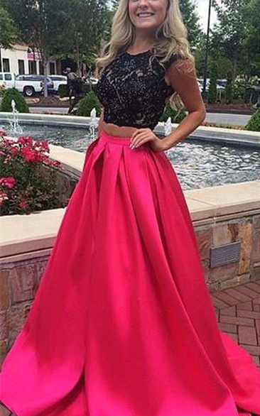 Newest Lace Two Piece Prom Dress Sweep Train Jewel