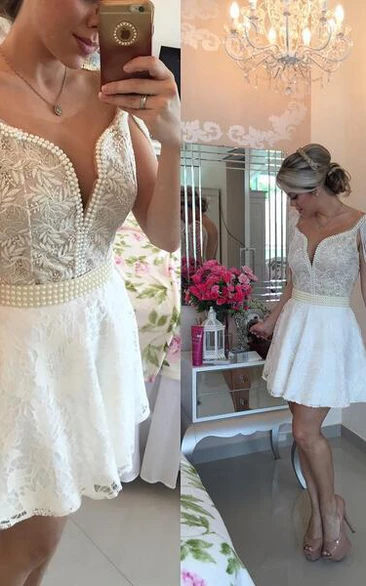 Glamorous Short Lace Pearls Cocktail Dress V-neck Open Back
