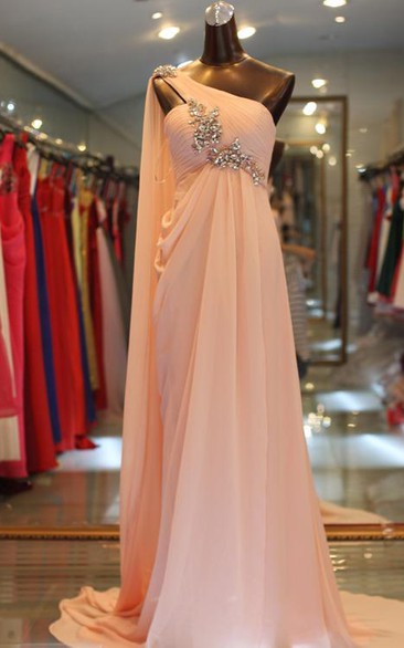 Elegant One Shoulder Long Chiffon Evening Dress With Crystals