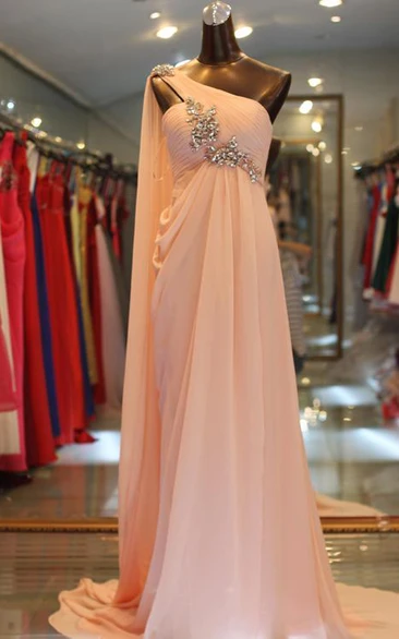 Elegant One Shoulder Long Chiffon Evening Dress With Crystals