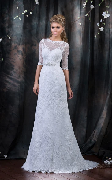 A-Line Long Bateau Half-Sleeve Low-V-Back Lace Dress With Beading And Ribbon