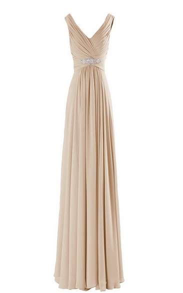 Sleeveless V-neck Empire Long Gown With Pearls