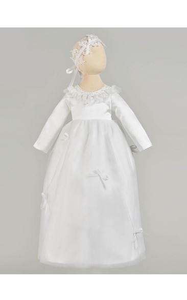 Simple Circular Ruffle Collar Christening Gown With Bows