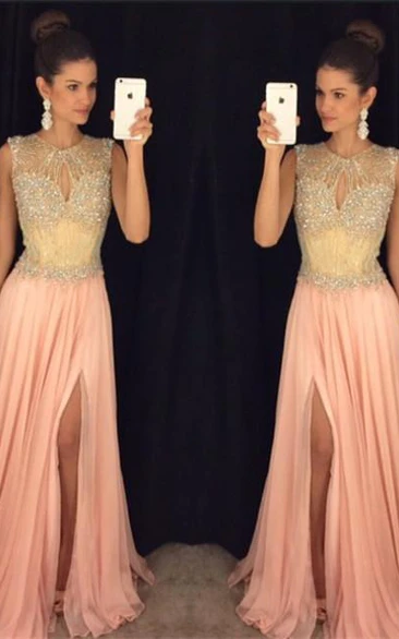 Delicate Beadings Chiffon Illusion Prom Dress Front Split Sleeveless