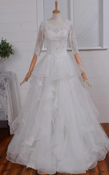 A-Line Floor-Length Straps Sweetheart Long Sleeve Illusion Illusion Zipper Illusion Straps Tulle Lace Organza Dress