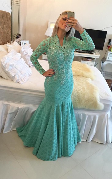 Glamorous Long Sleeve Lace Evening Dresses Appliques Mermaid
