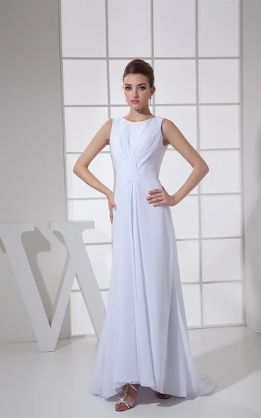 Sleeveless Chiffon Floor-Length Central-Ruched Dress With Low-V Back