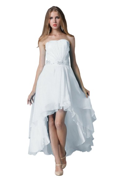 Strapless Ruched Beaded High-low Layered Chiffon Dress