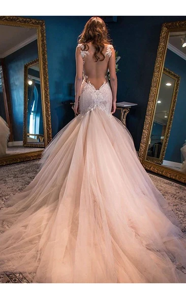 Mermaid Straps Backless Chapel Train Pink Wedding Dress with Lace Wedding Dresses