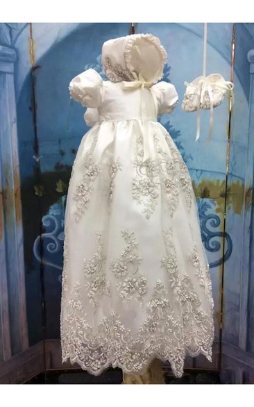 Cute Puff Sleeve Christening Gown With Lace Appliques