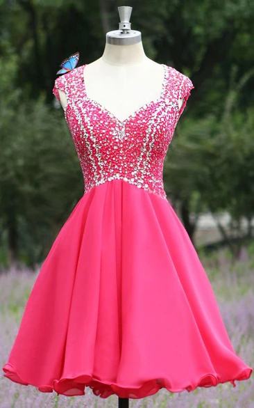 Modern V-neck Cap Sleeve Chiffon Homecoming Dress With Crystals