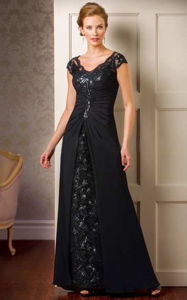 Cap-Sleeved V-Neck Mother Of The Bride Dress With Sequins And Illusion Back