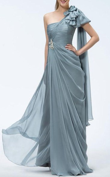 A-Line One-Shoulder Tiered Beading Sashes Floor-length Prom Dress