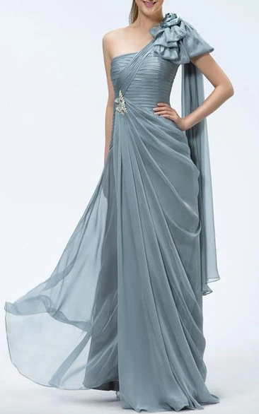 A-Line One-Shoulder Tiered Beading Sashes Floor-length Prom Dress