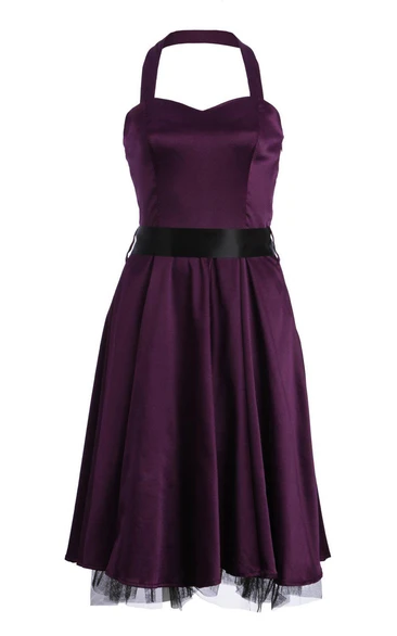 Halter A-line Stretch Satin Dress With Bow Tie