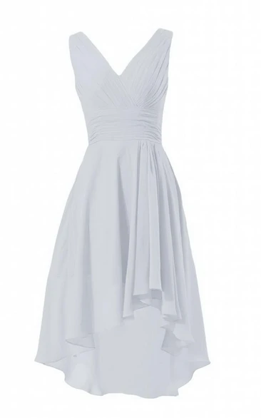 Sleeveless V-neck High-low Chiffon Dress With Ruching