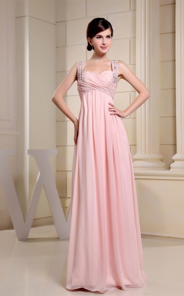 Strapped Empire Chiffon Crystal Detailing and Dress With Pleats