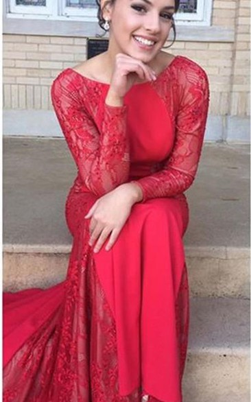 Sexy Mermaid Lace Jewel Red Evening Dress Long Sleeve Sweep Train