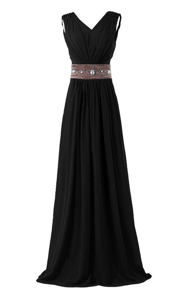 Sleeveless V-neck Long Chiffon Gown With Rhinestone